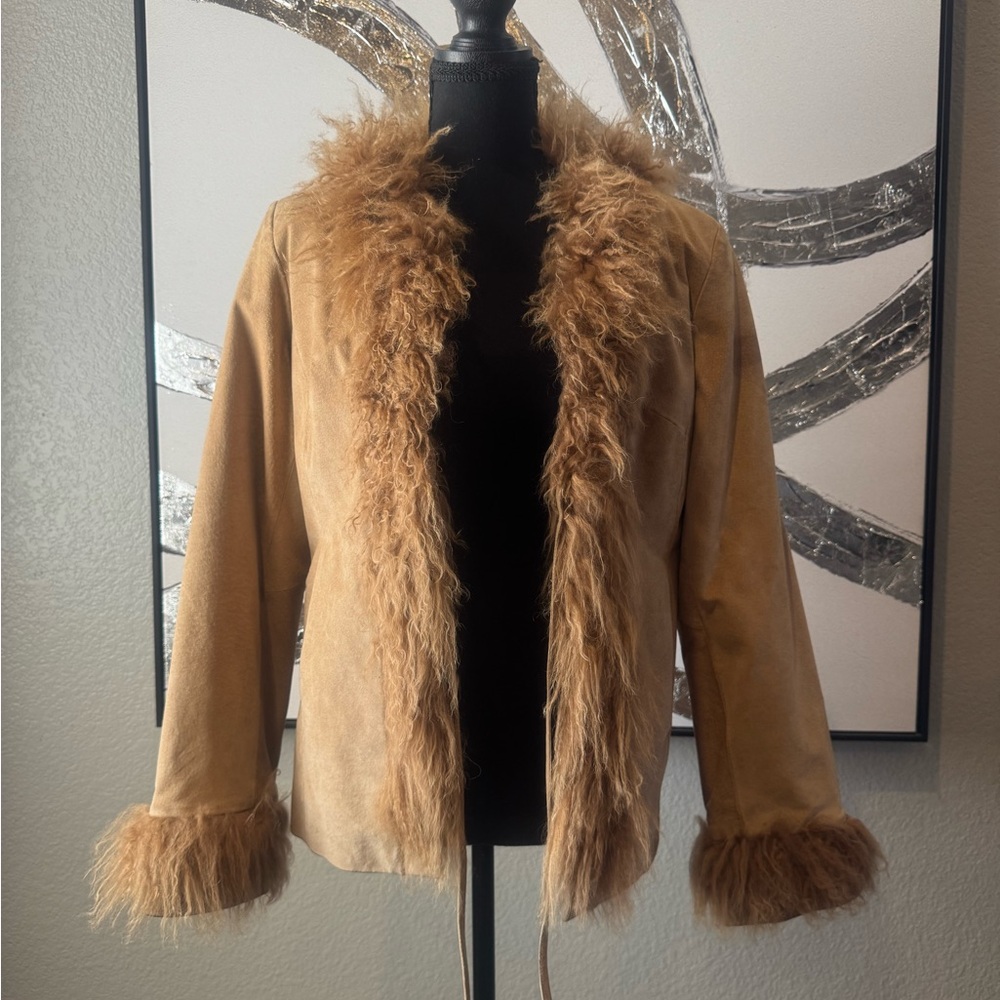 Express Tan Faux Suede Teddy Jacket with Fur Trim